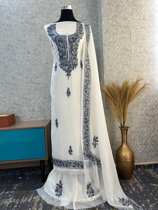 Off White Georgette Aari Embroidered Suit Set