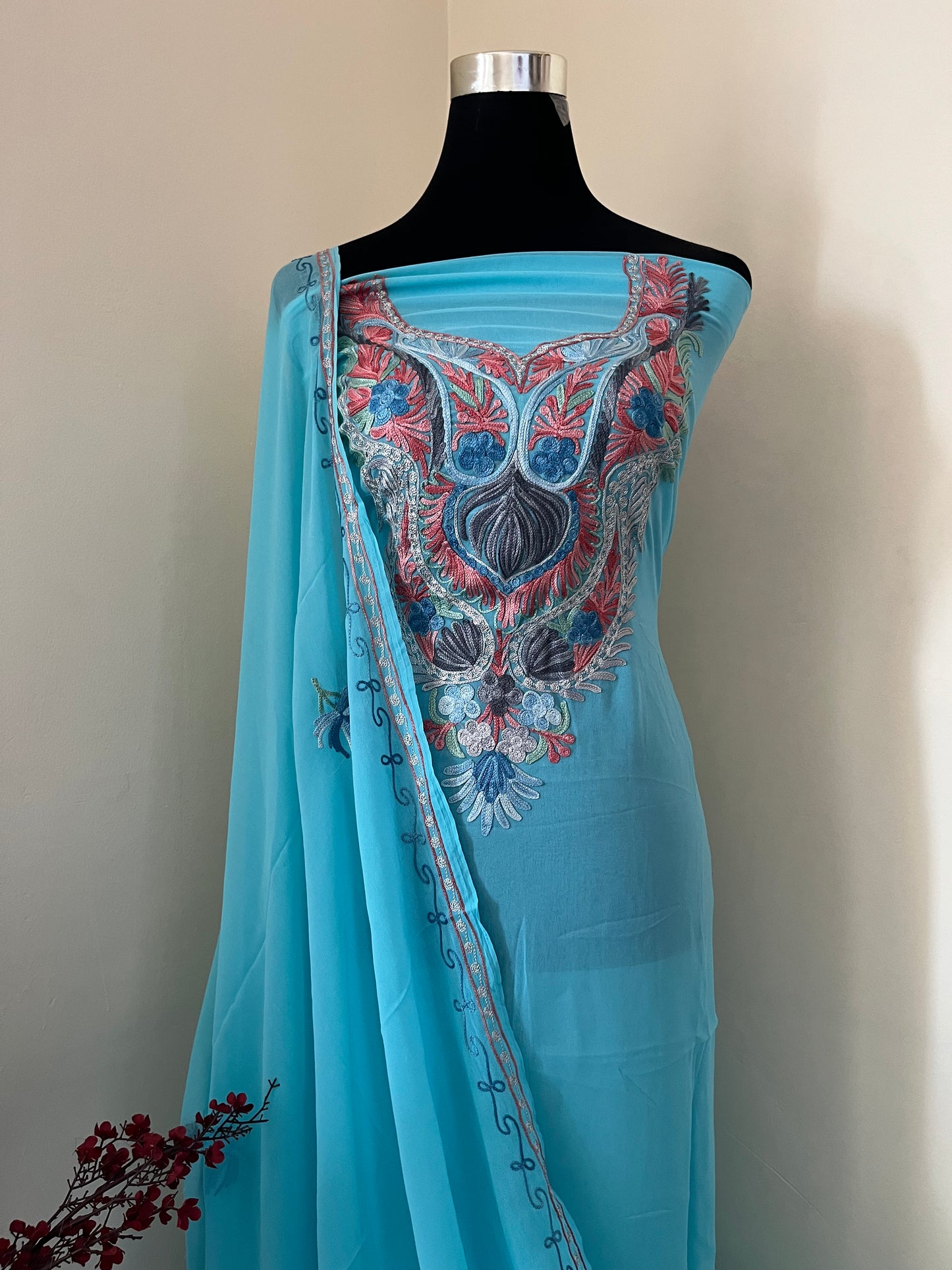 Sky Blue Georgette Shirt and Dupatta Aari Embroidered Suit