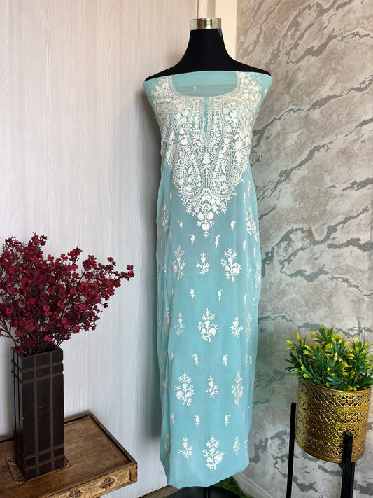 Georgette Baby Blue All over Work Aari Embroidered Unstitched Kurta Material