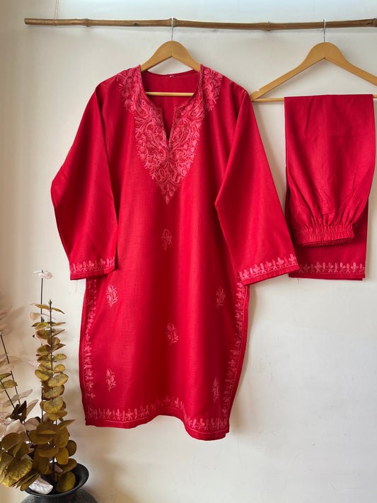 Red Cotton Stitched Co-ord Set (XXL)