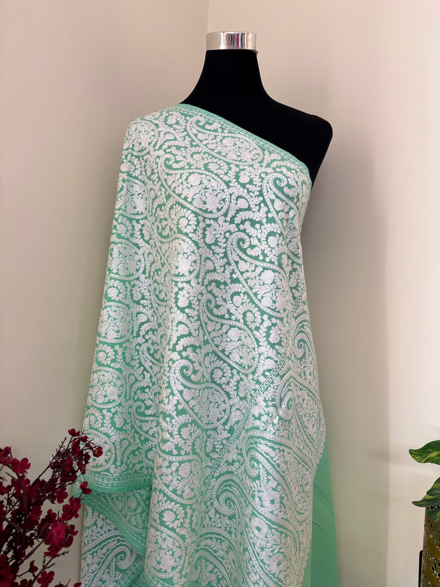 Tea Green Kashmiri Stole ( Semi Pashmina )