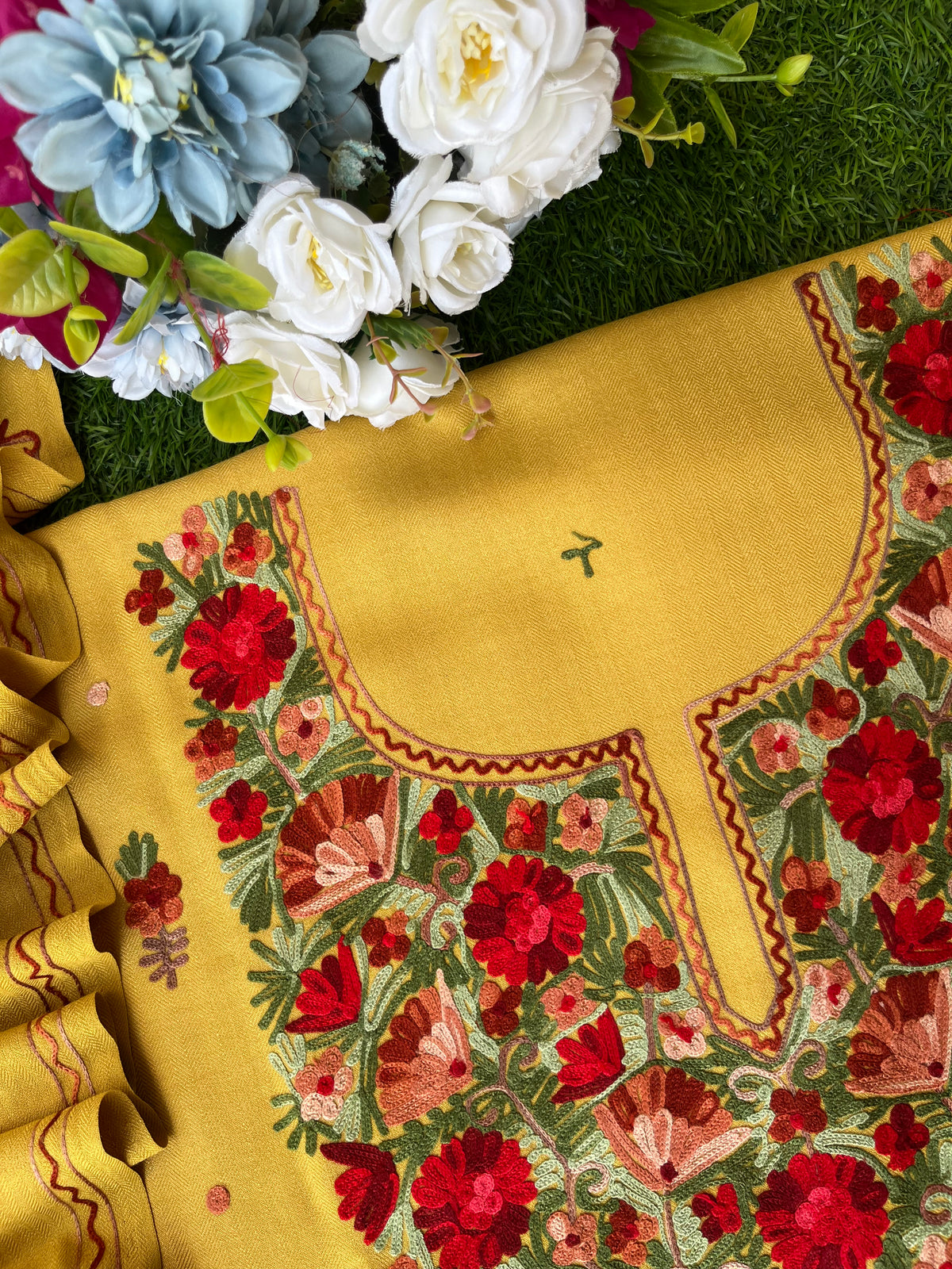 Yellow Woollen Aari Embroidered 3pc suit