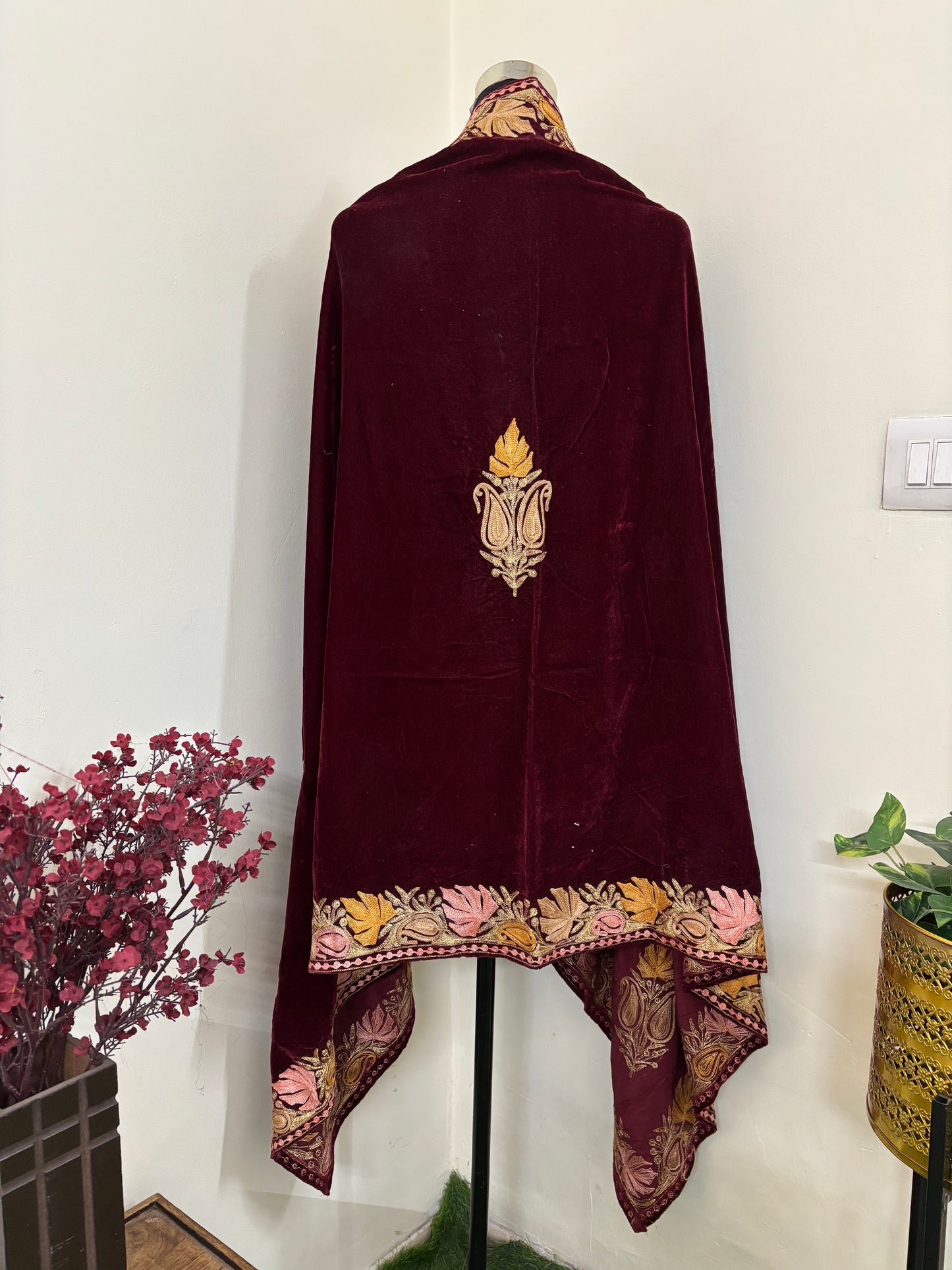 Maroon Aari Embroidered Velvet Cape