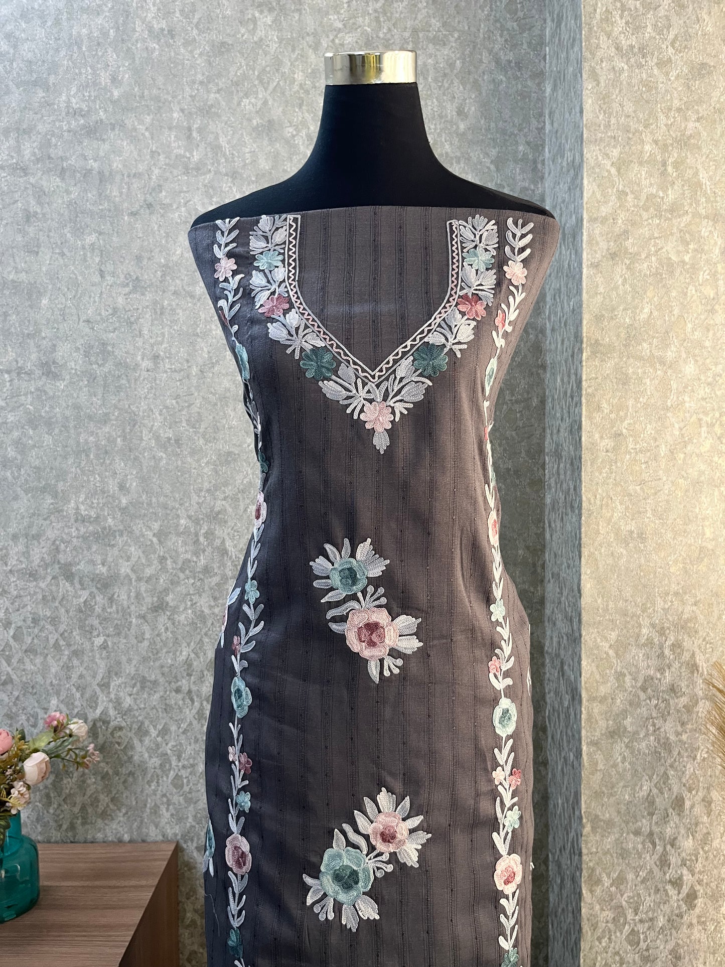 Deep Grey Muslin Cotton Striped Sequin Pattern Unstitched Co-ord Set