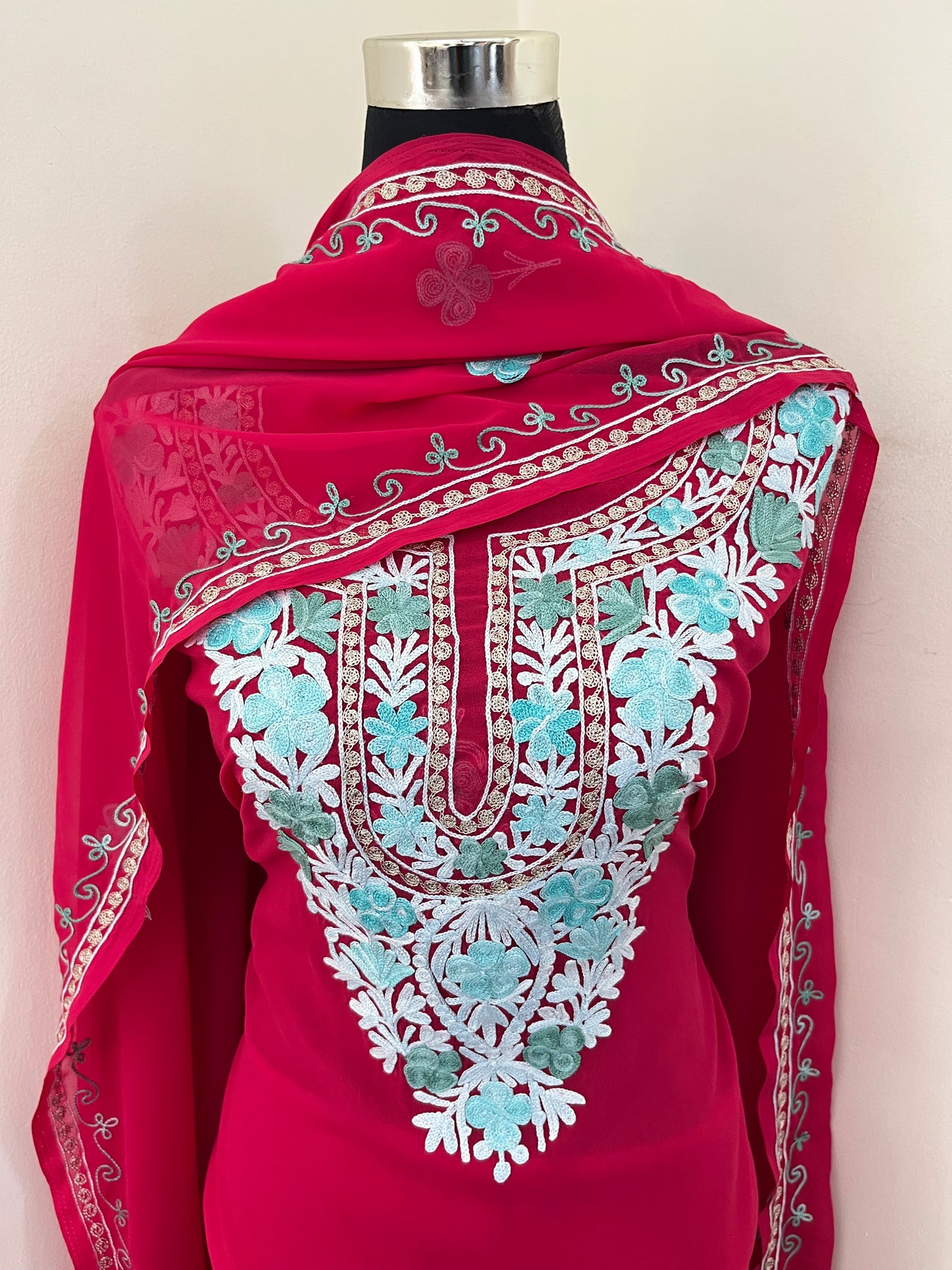 Candy Pink Georgette 3 Pc Aari Embroidered Suit Set