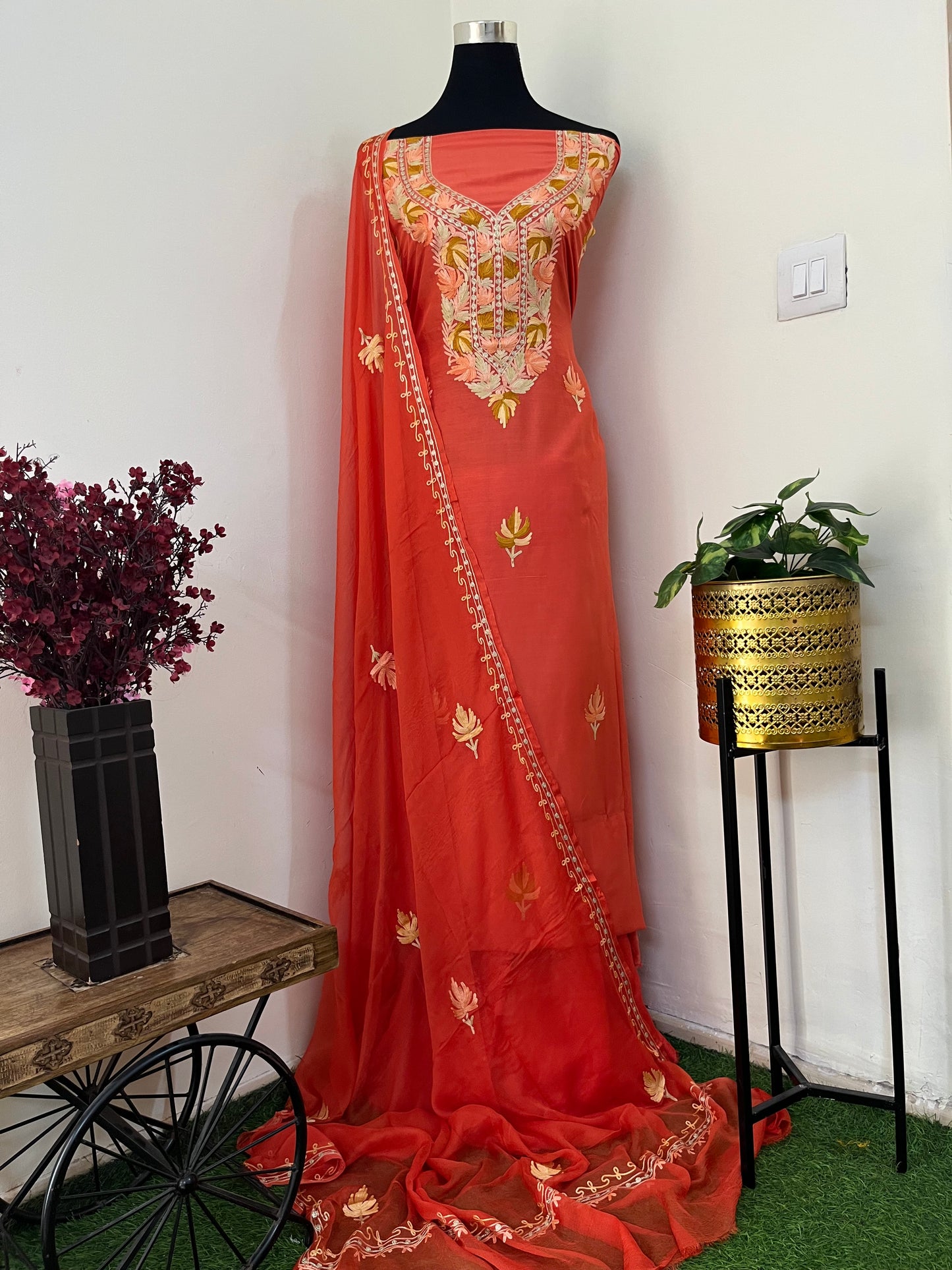Soft Orange Muslin Cotton Aari Embroidered 3pc set