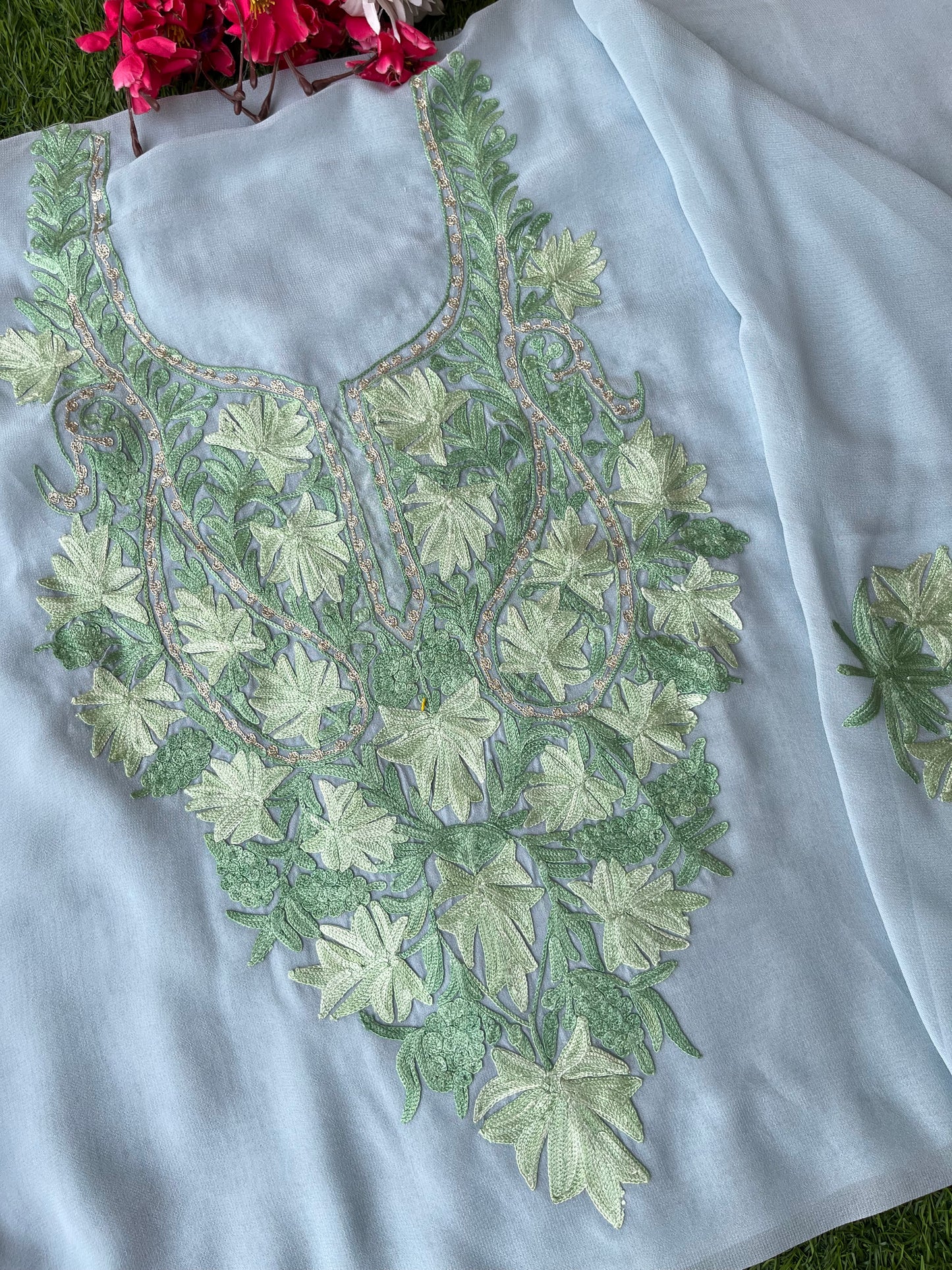 Ice Blue Georgette Kashmiri Kurta Material