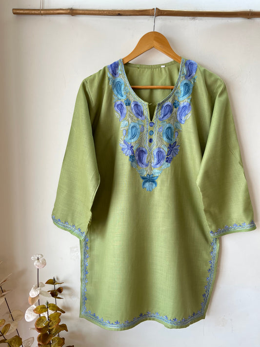 Green Cotton Aari Work Kurta