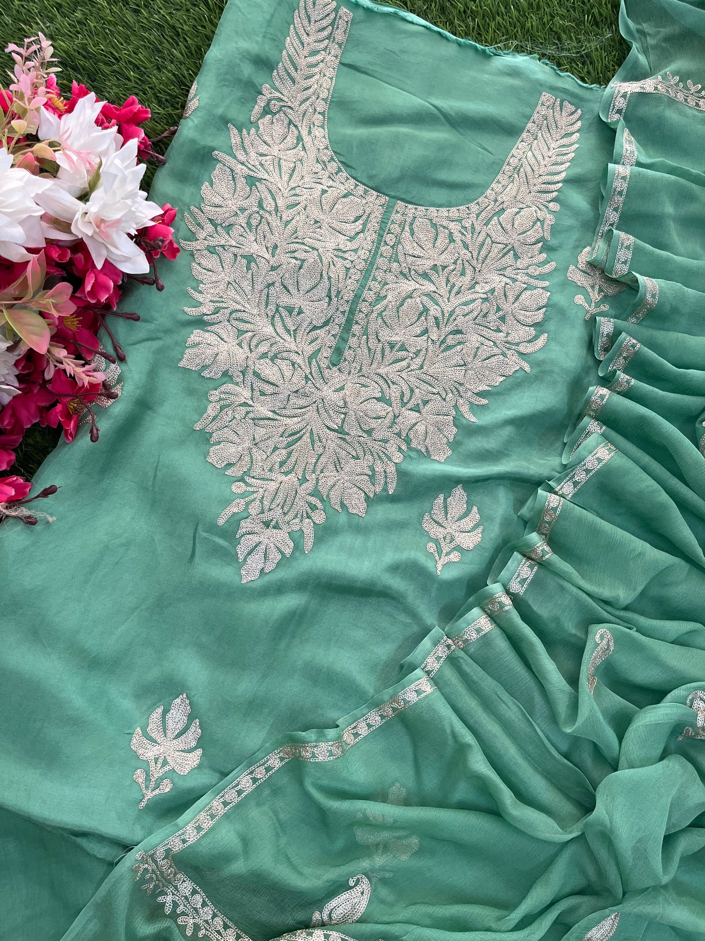Pastel Green Sanam’ Silk Tilla Kashmiri Suit