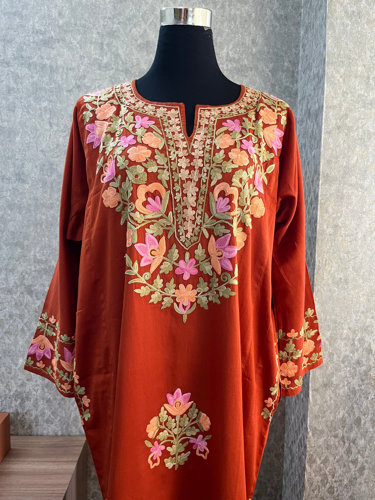Brick Cotton Front Jaal Pheran Set  Size(44)