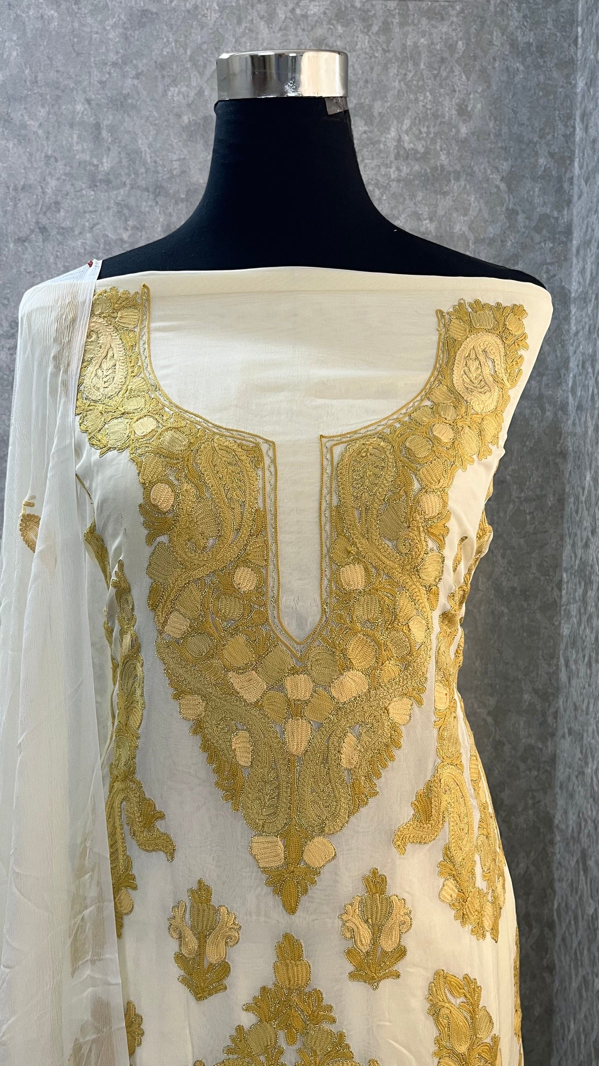 Ivory Pure Organza Cut Work Kashmiri Suit