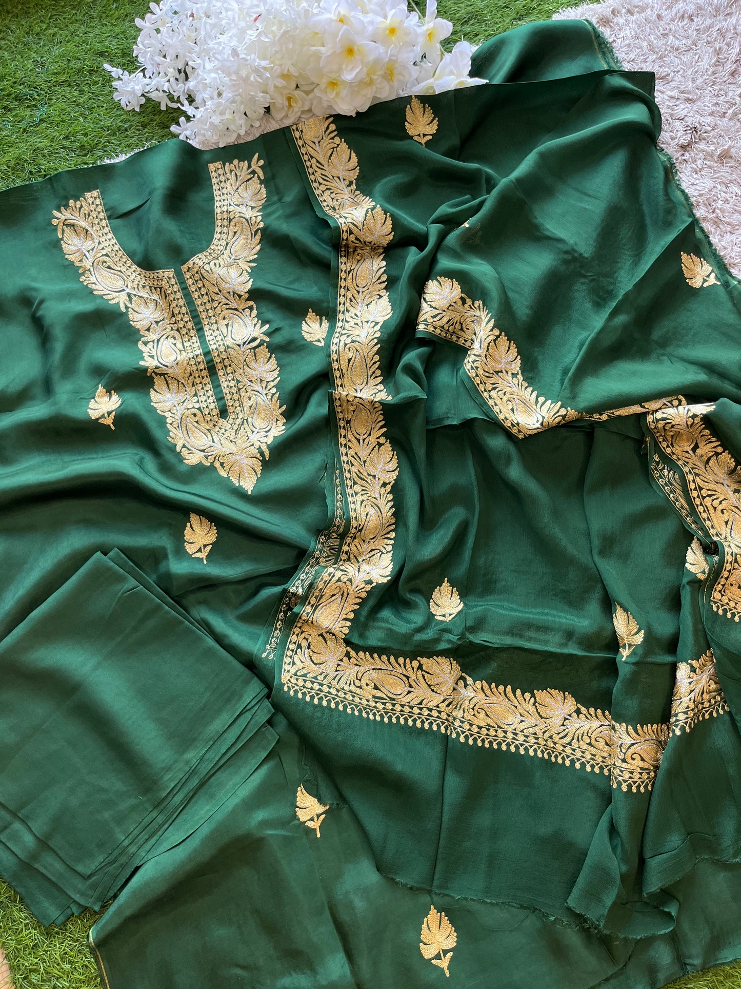 ‘Kalaa’ Forest Green Opada Silk Tilla Embroidered Suit material (on order)