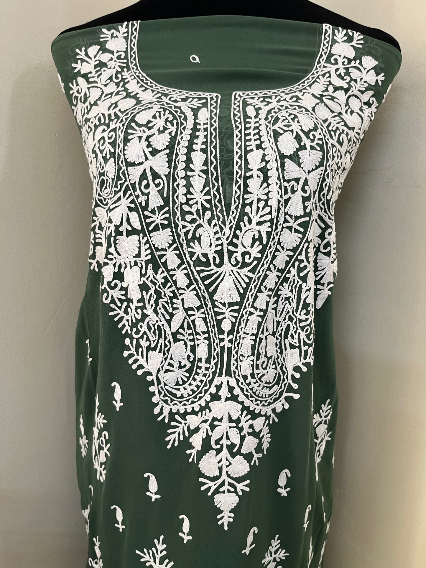 Moss Green Georgette Kashmiri Unstitched Kurta Material