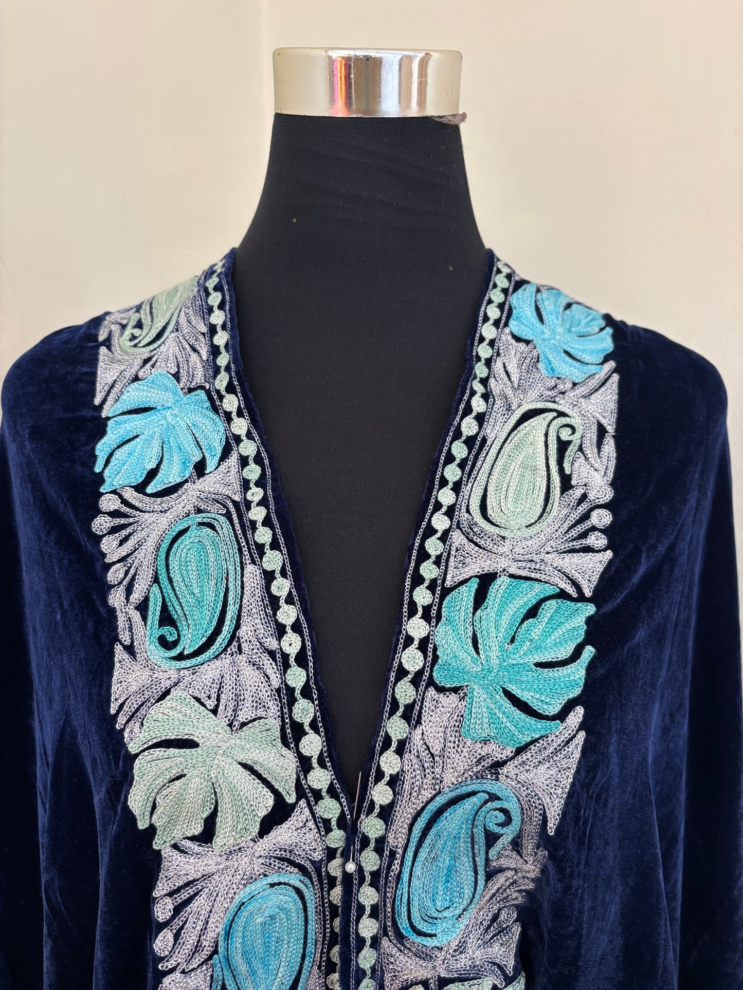 Blue Aari Embroidered Velvet Cape