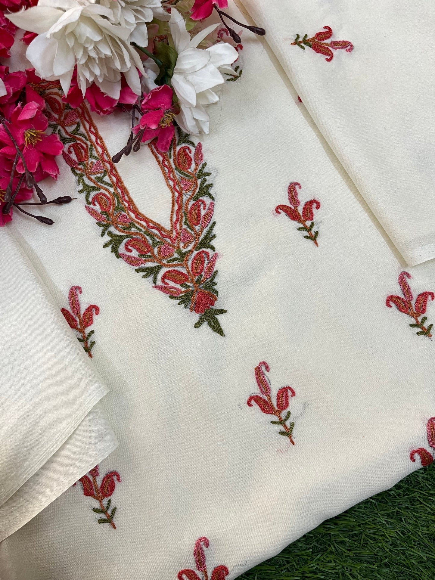 Off White Cotton Two Piece Suit (Hand Embroidered)