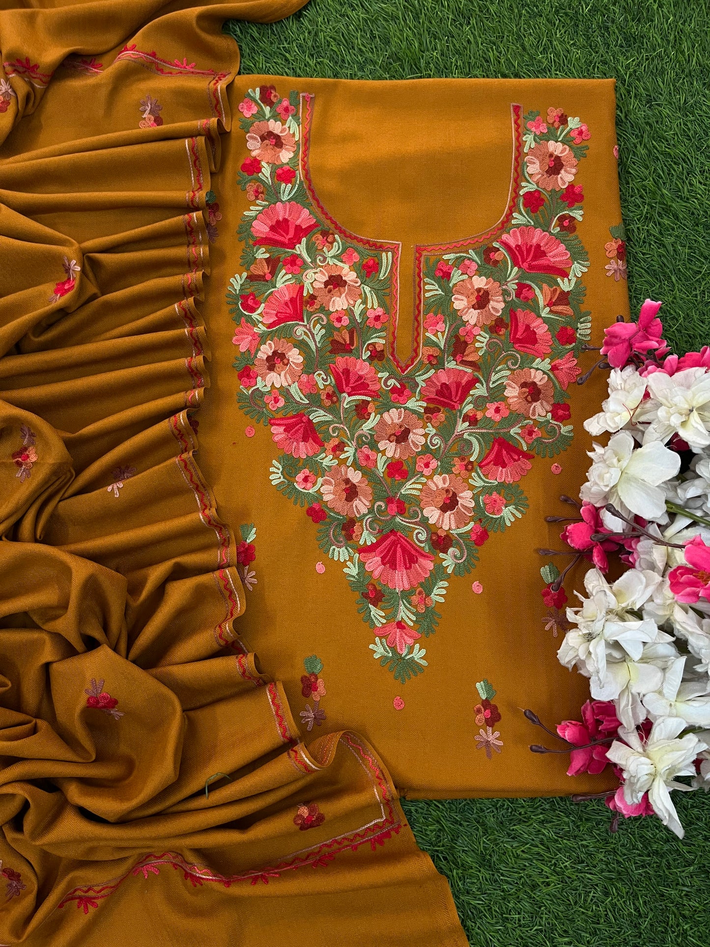 Golden Brown Woollen Aari Embroidered 3pc suit