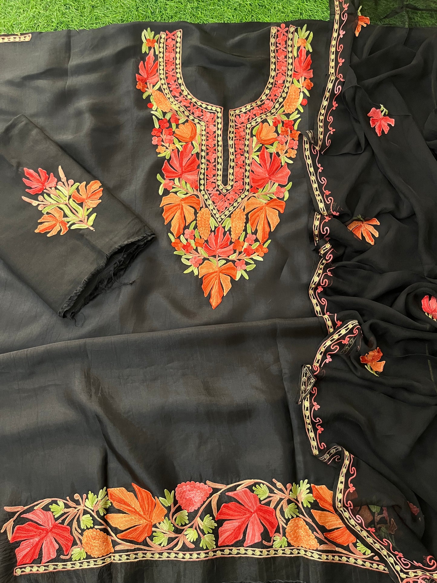 Black Opada Silk Aari Embroidered Suit material