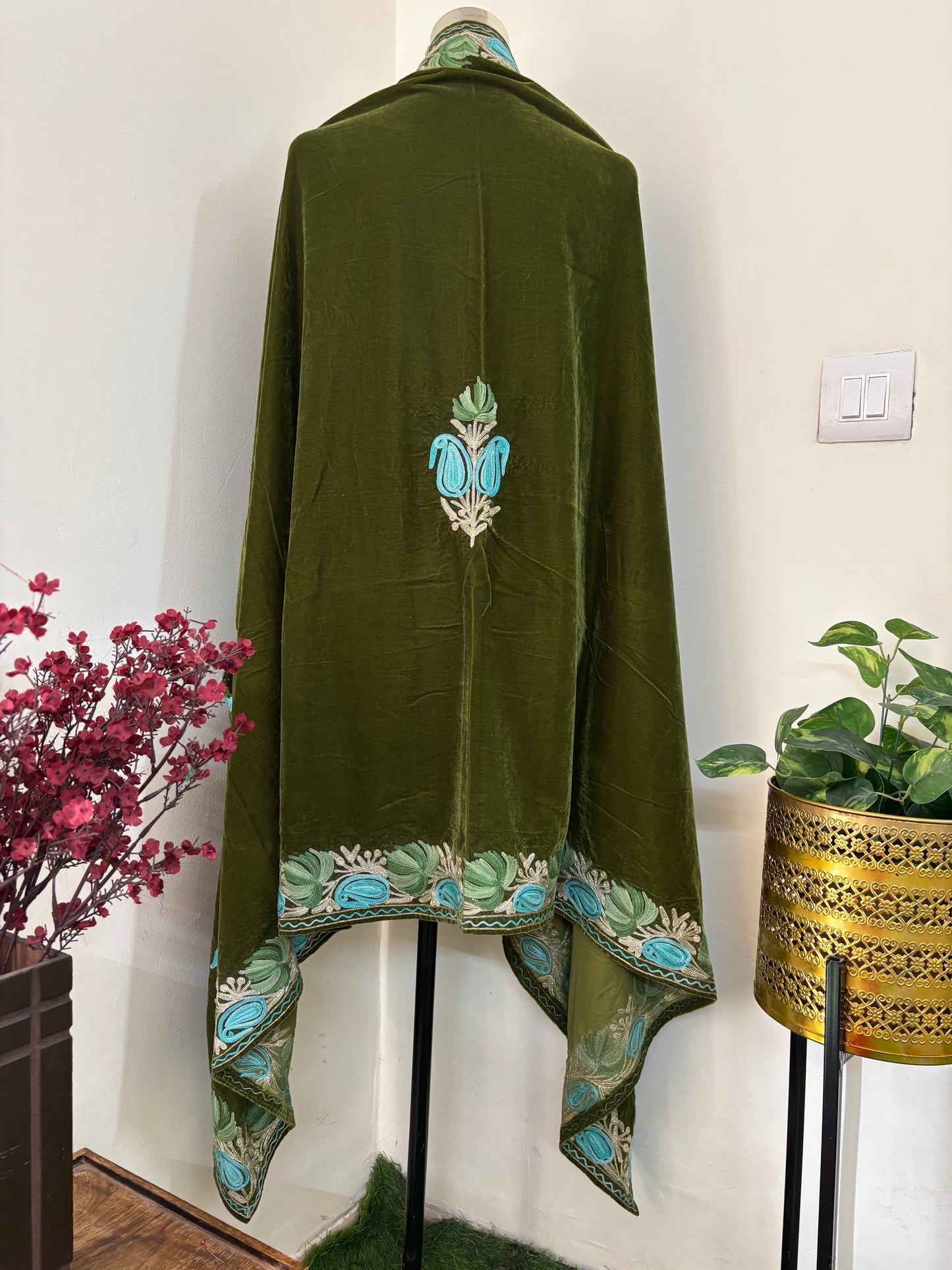 Henna Green Aari Embroidered Velvet Cape