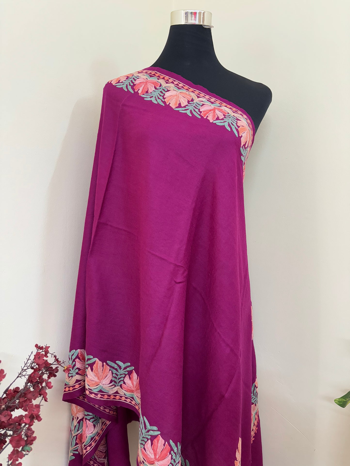 Wine Fine Semi Pashmina Aari Embroidered stole