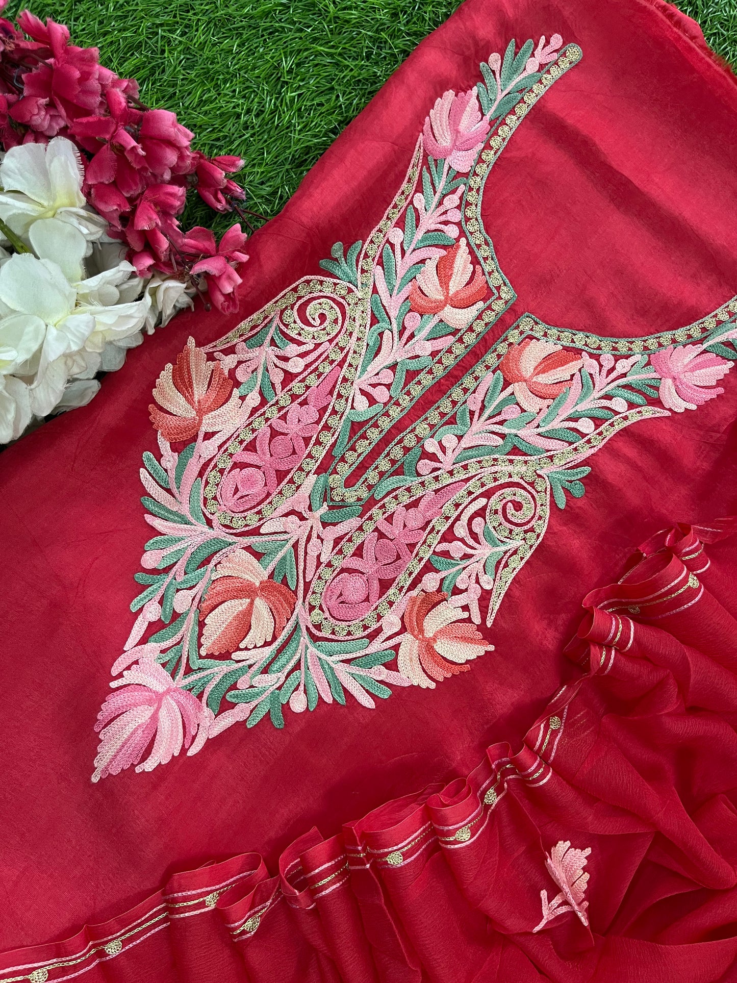 Carrot Red Opada Silk Kashmiri Suit