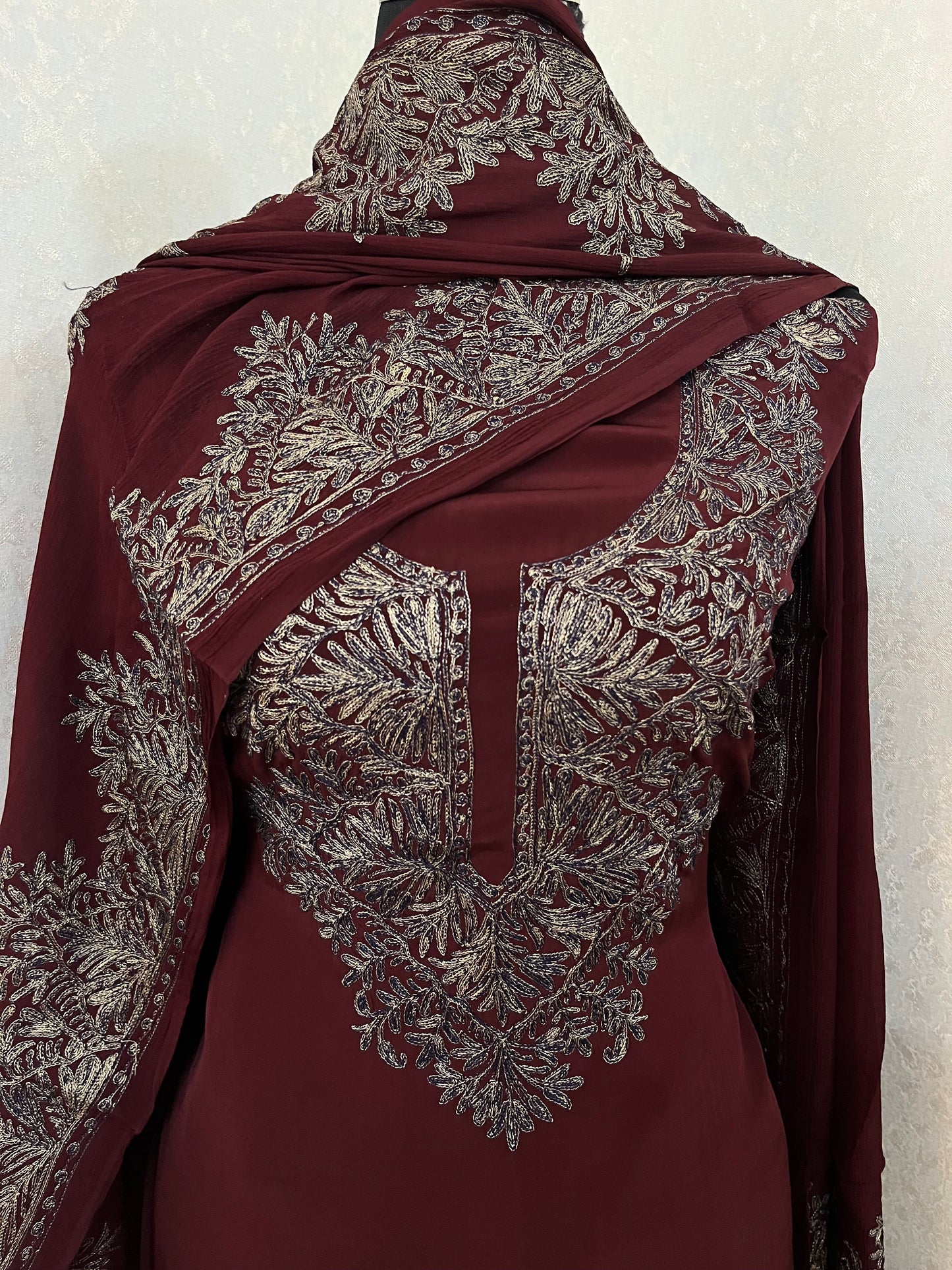 Brown Kalaa’ Crape Jacket Style Kashmiri Suit