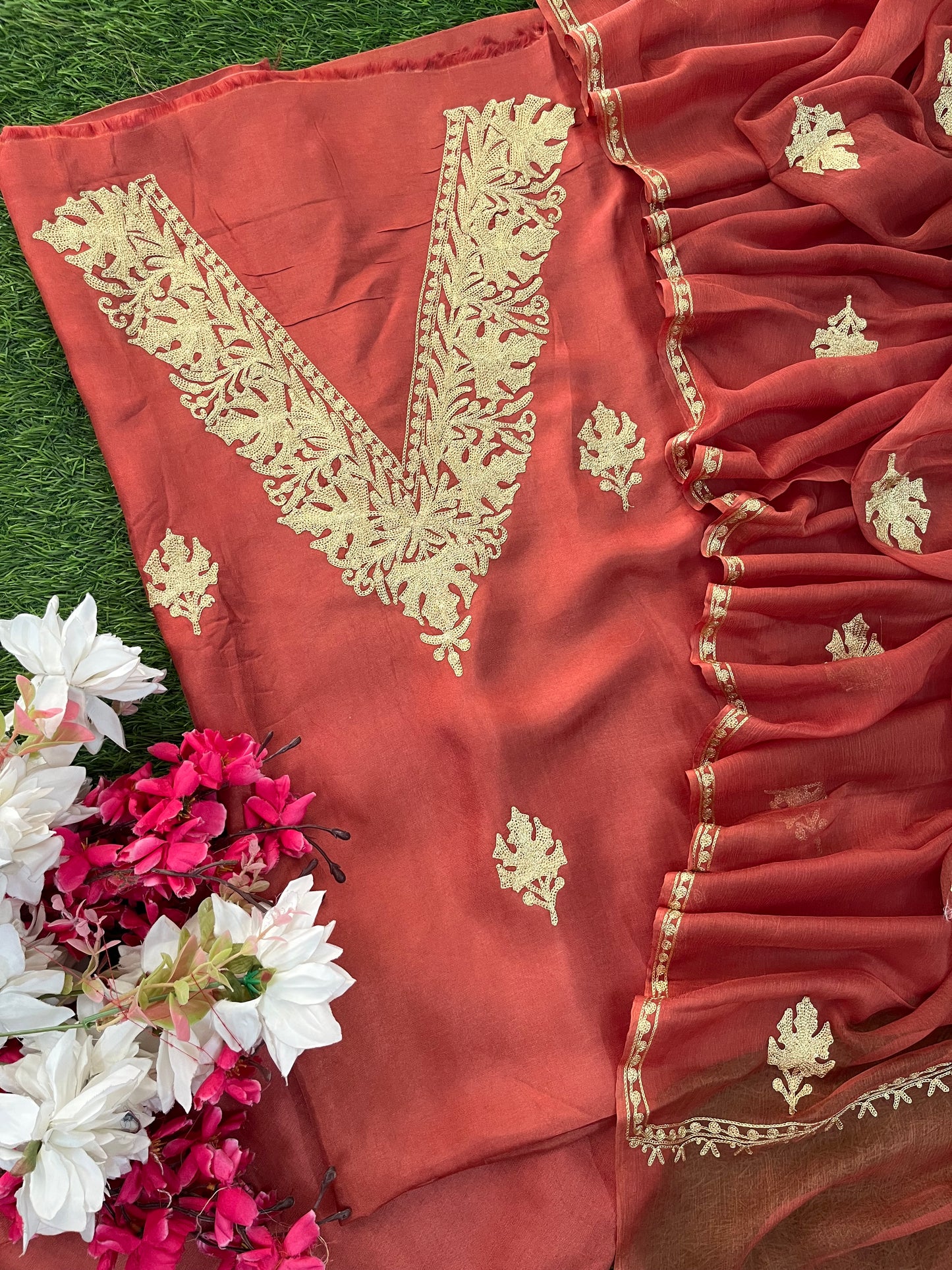 Blush Red Silk Tilla Kashmiri Suit