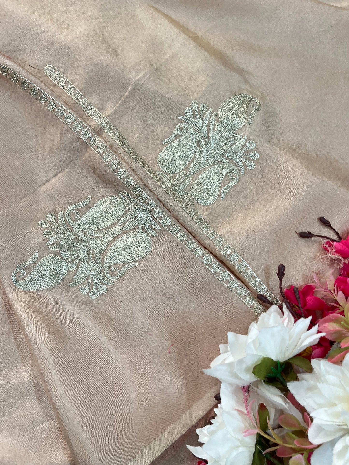 Peach Pink Sanam’ Silk Tilla Kashmiri Suit
