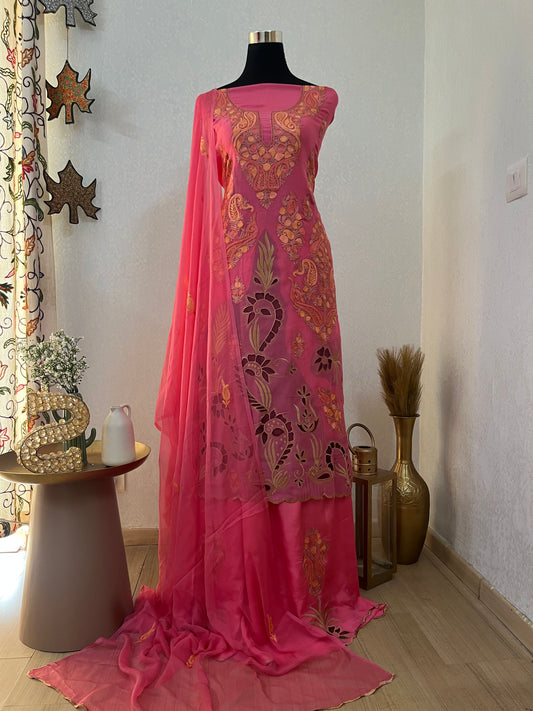 Pink Pure Organza Cut Work Kashmiri Suit