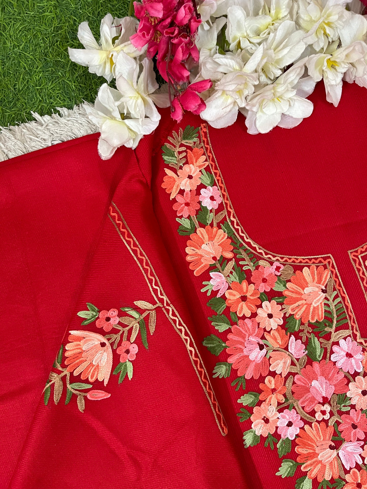 Red Woollen Aari Embroidered 2pc suit 5mtr