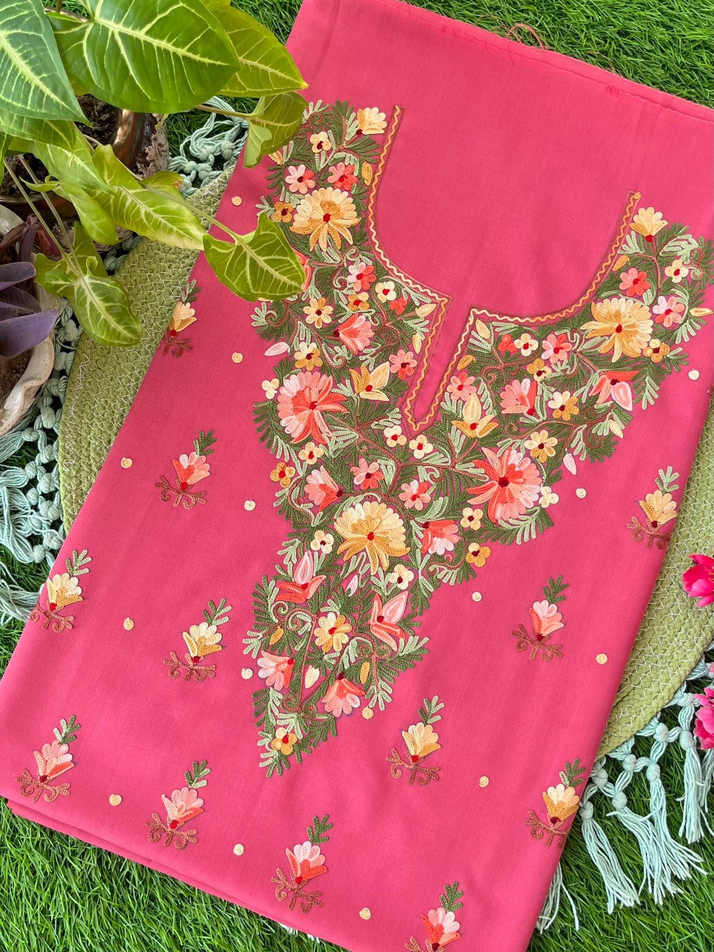 Pink Cotton Two Piece Set (Aari Embroidered)