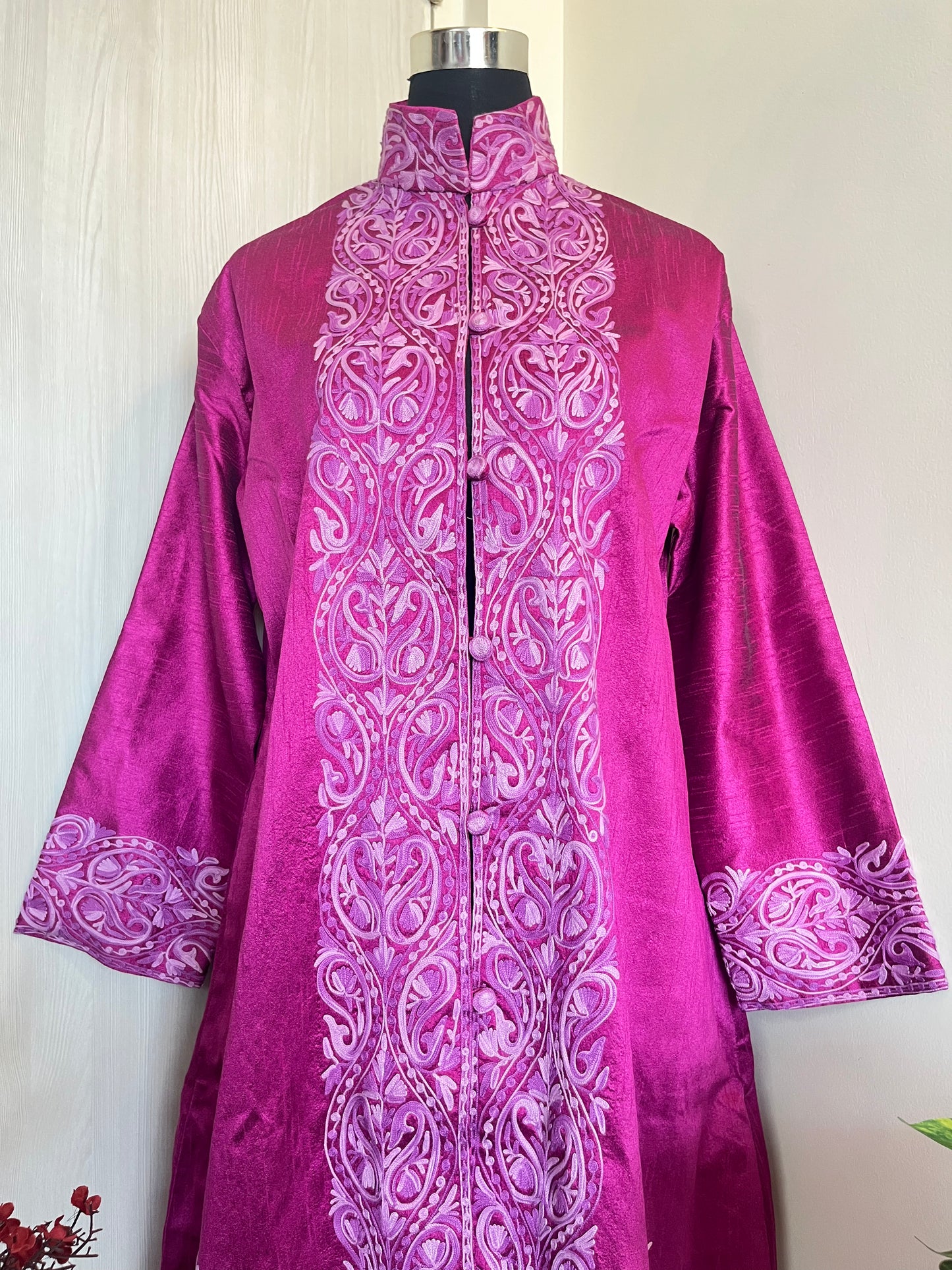 Hot Pink Aari  Embroidered Silk Jacket XXL