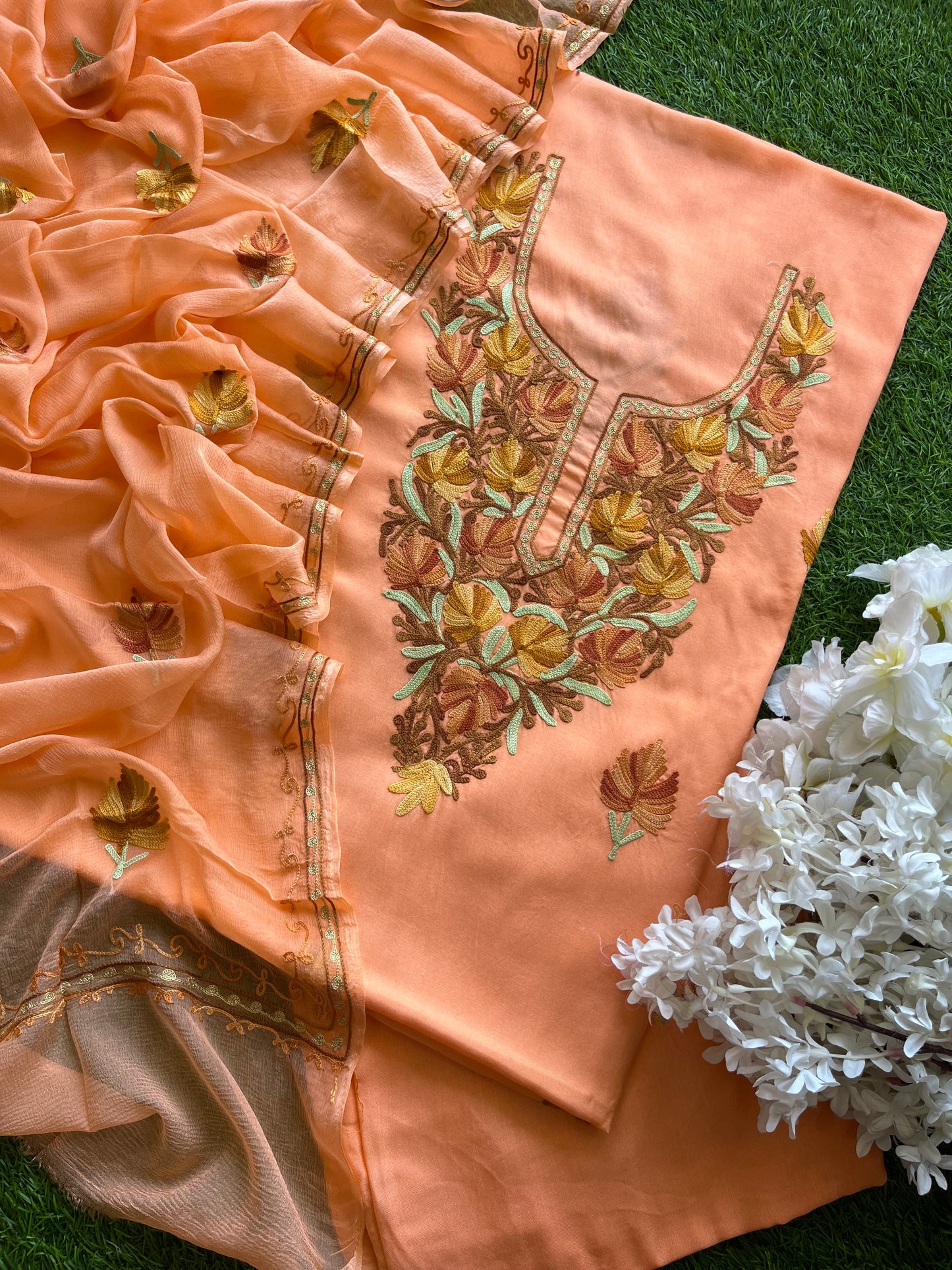 Peach Muslin Cotton Aari Embroidered 3pc set