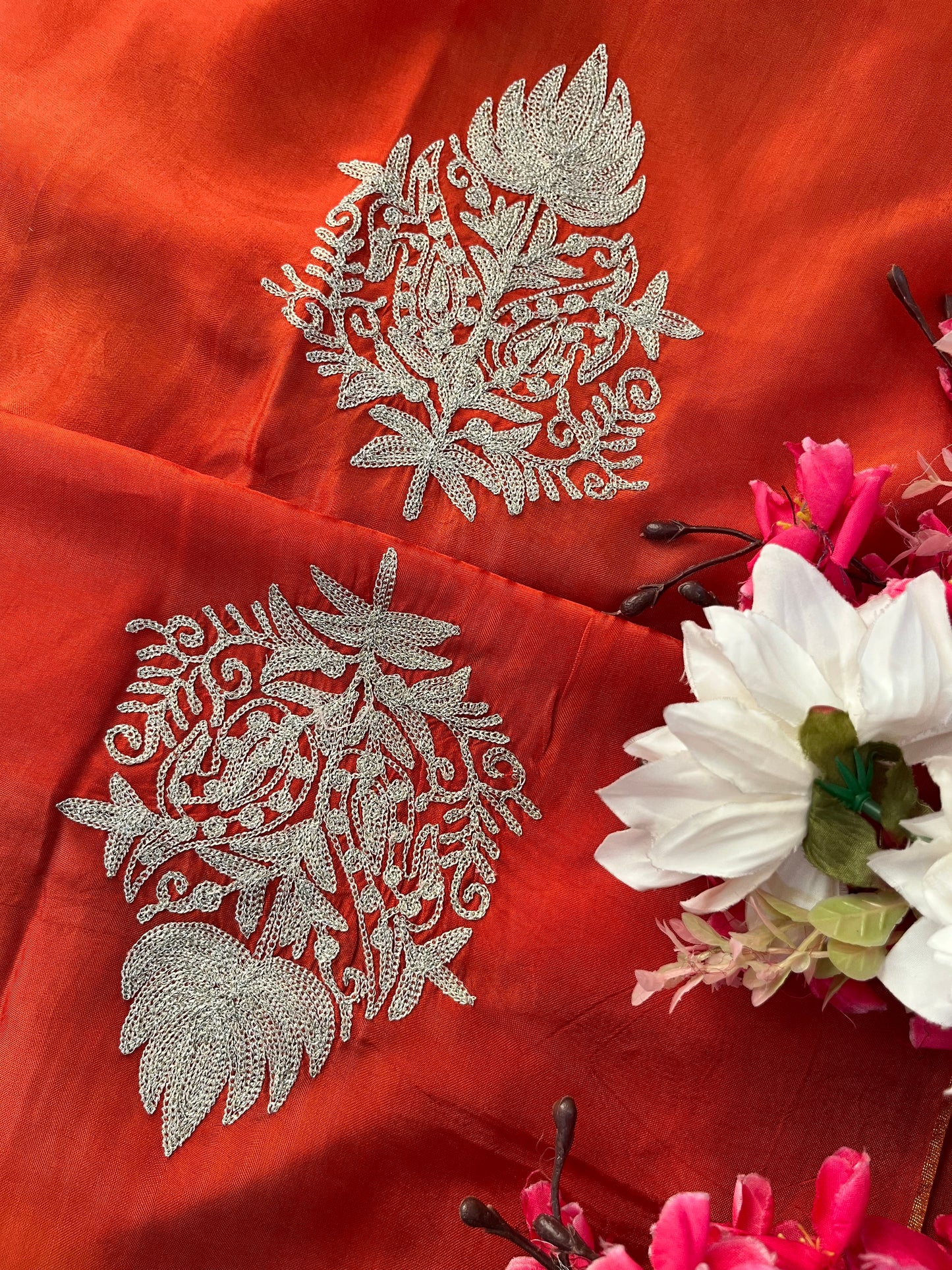 Rust Orange Silk Tilla Kashmiri Suit