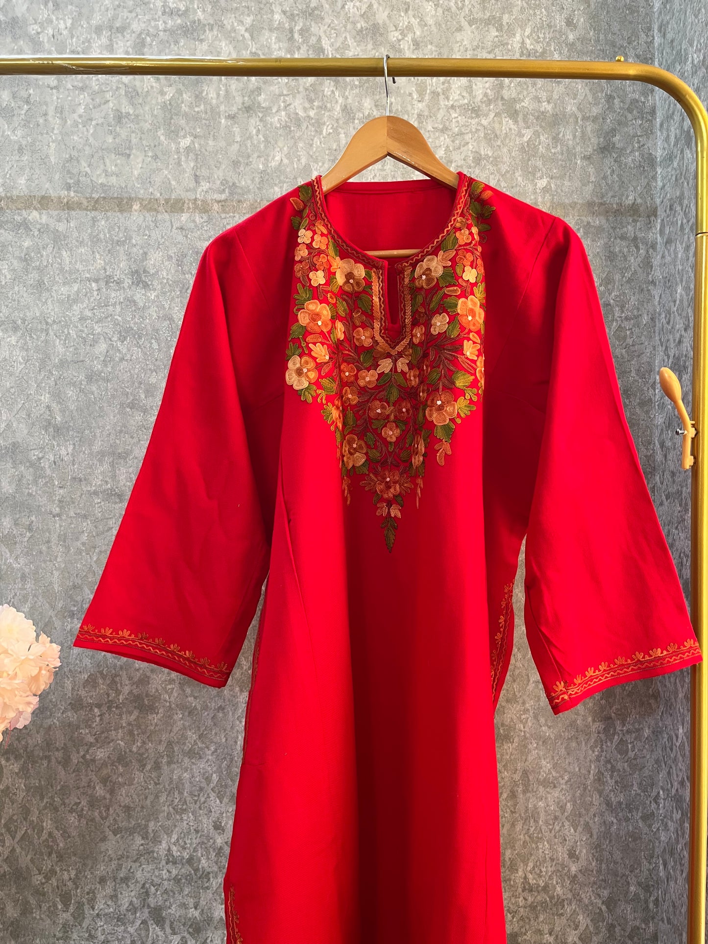 Red Aari Embroidered Wool Pheran