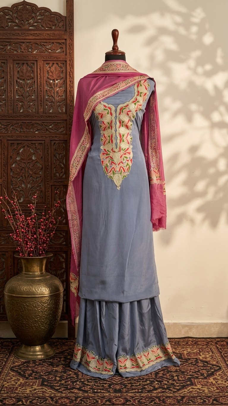Kalaa’ English Grey Crape Kashmiri Suit