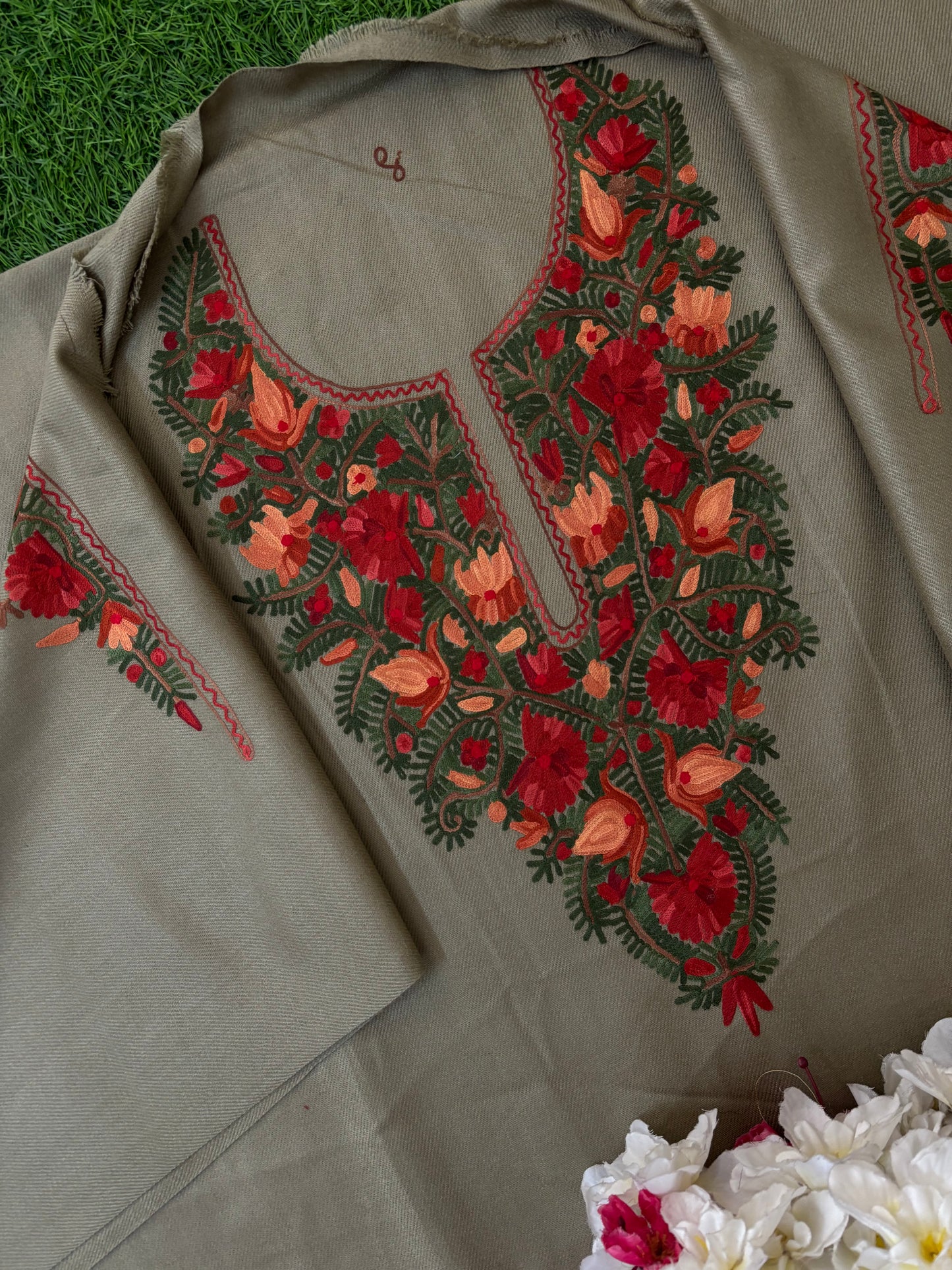 Beige Woollen Aari Embroidered 3pc suit