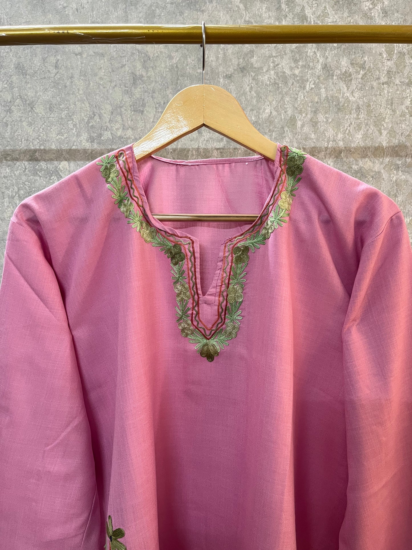 Pink Cotton Aari Work Kurti