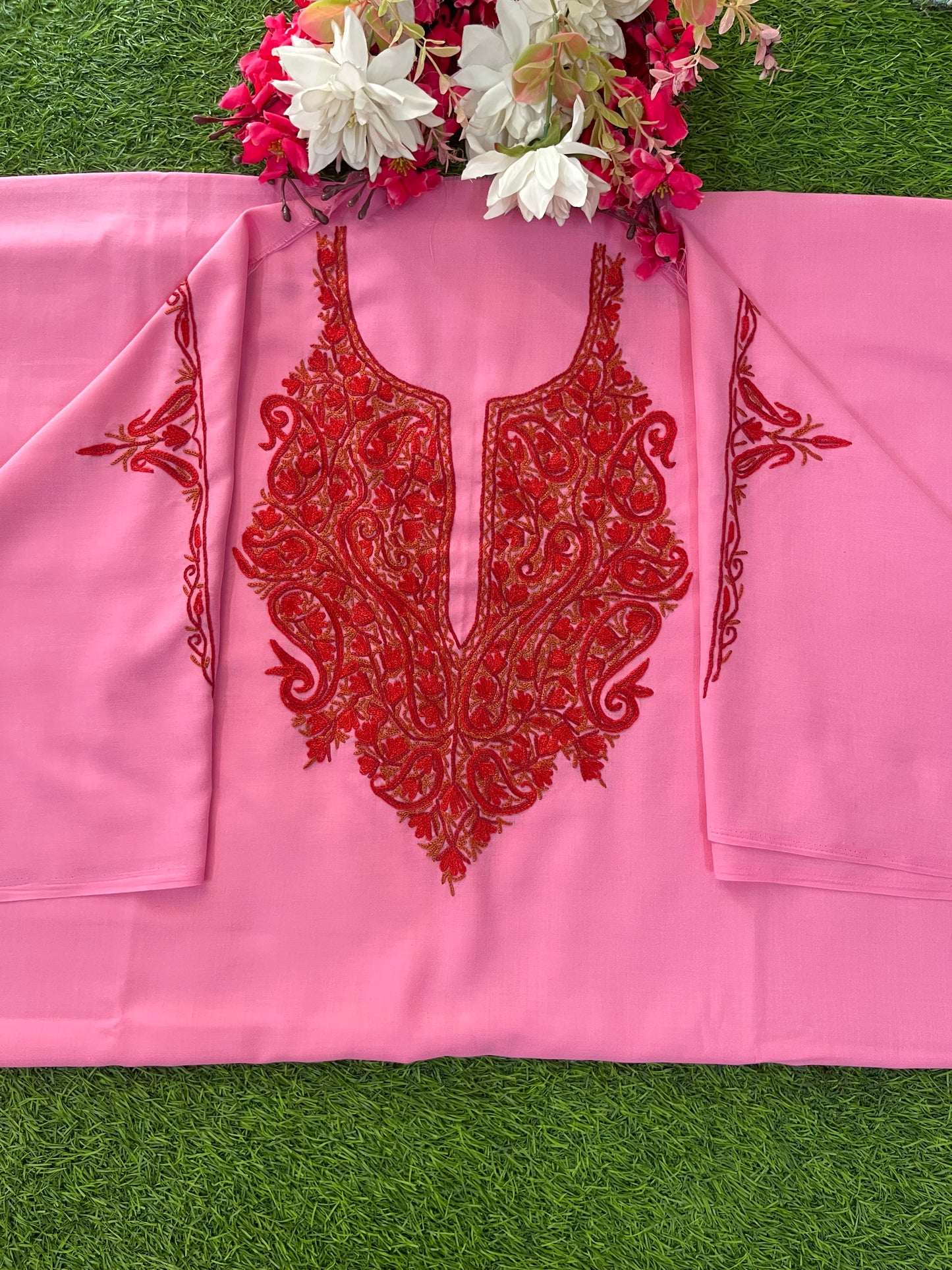 Pink Cotton Two Piece Suit (Hand Embroidered)
