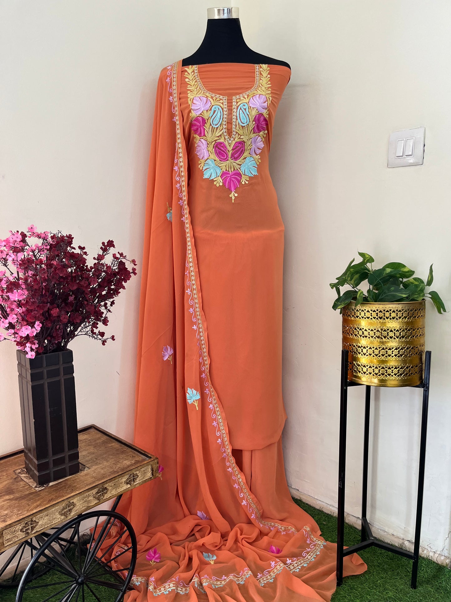 Soft Orange Georgette 3 Pc Aari Embroidered Suit Set