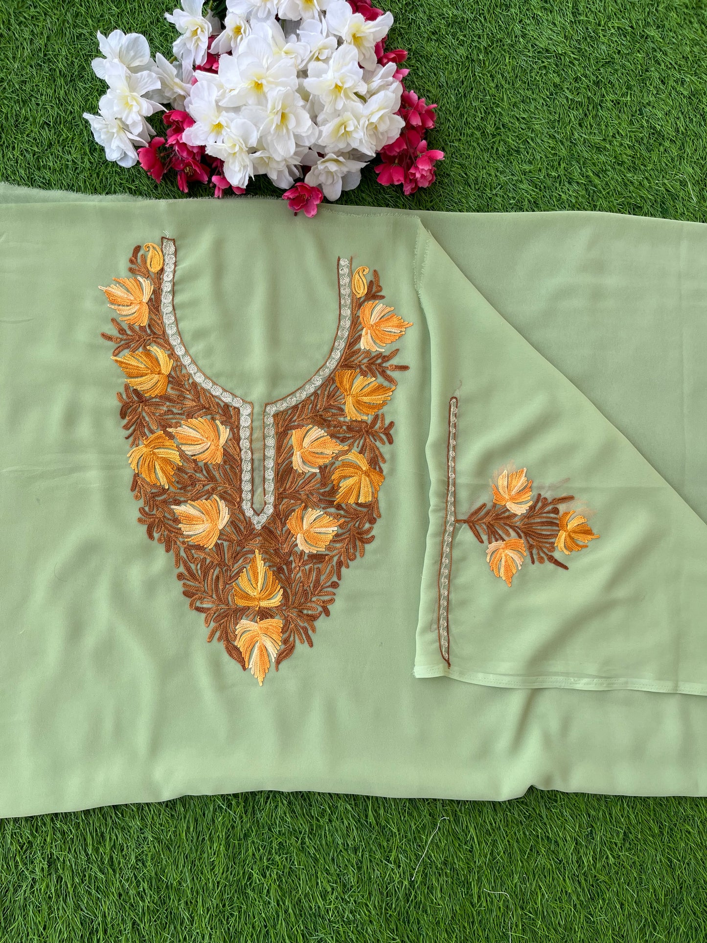 Sea Green Georgette Aari Embroidered Unstitched Kurta Material