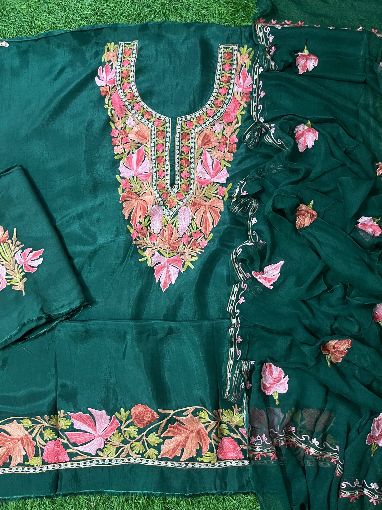 Bottle Green Opada Silk Aari Embroidered Suit material