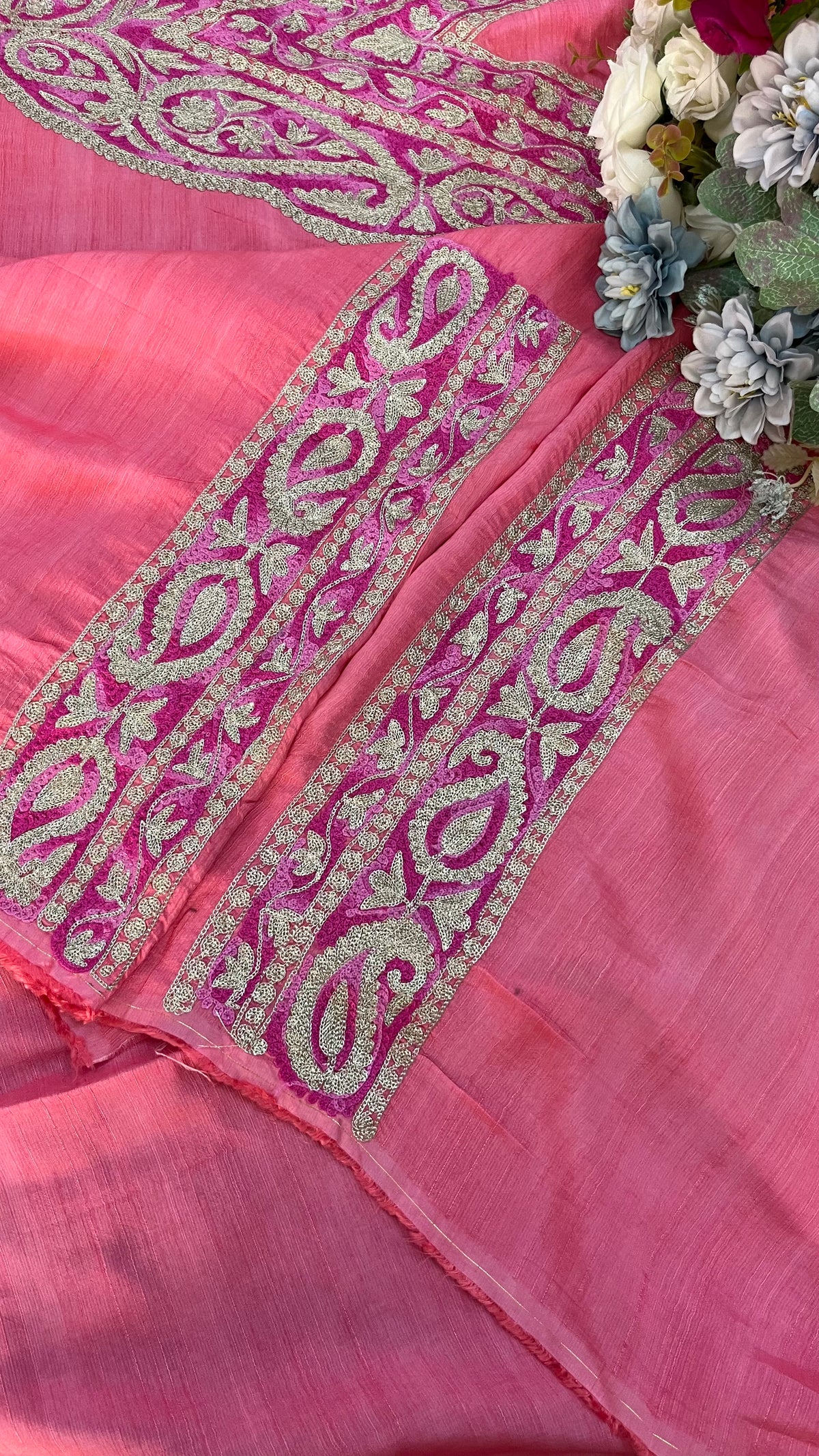 Bubbly Pink Russian Silk Kashmiri Suit