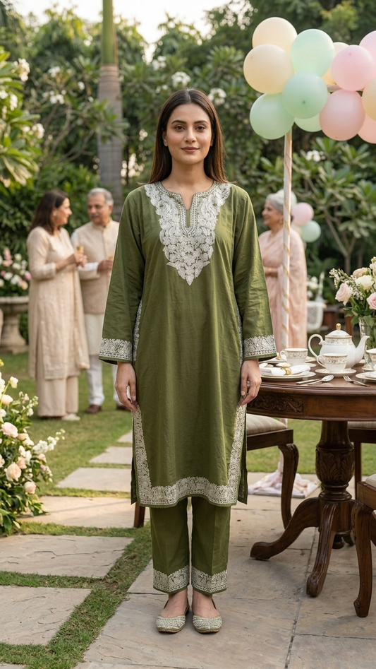 Army Green Cotton Kashmiri Pheran Set (46)