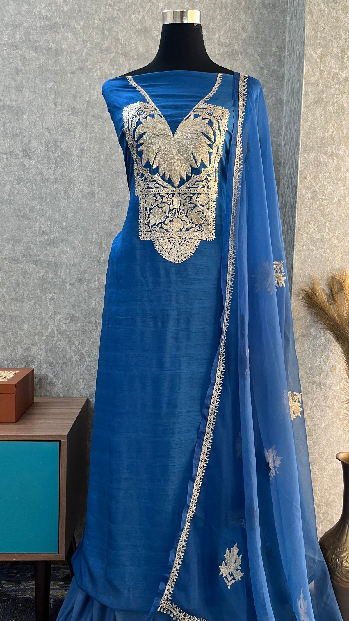 Indigo Silk Tilla Embroidered Suit