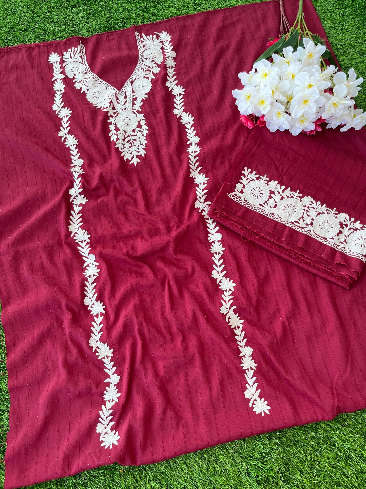 Red Muslin Cotton Striped Pattern Unstitched Co-ord Set