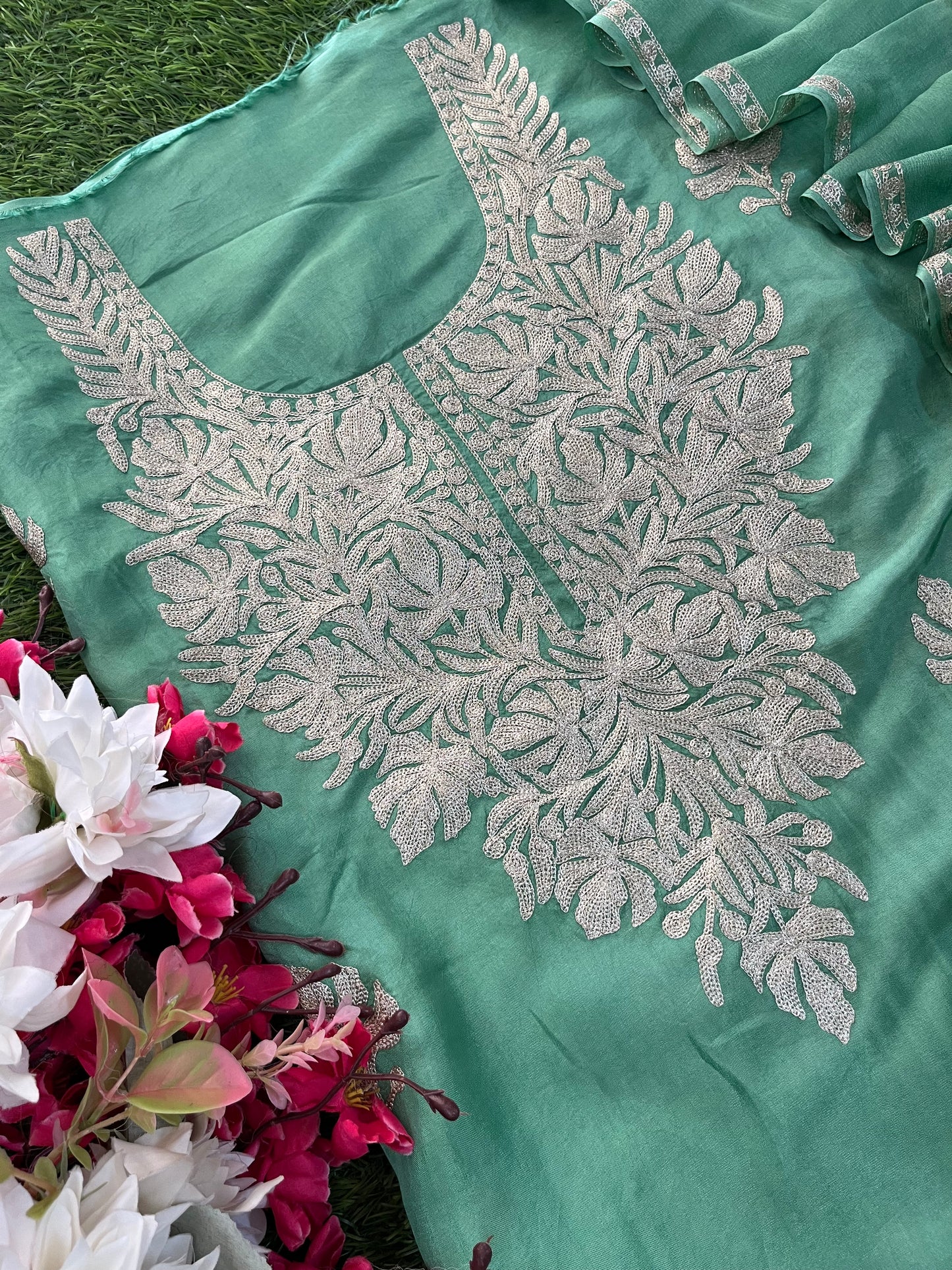 Pastel Green Sanam’ Silk Tilla Kashmiri Suit
