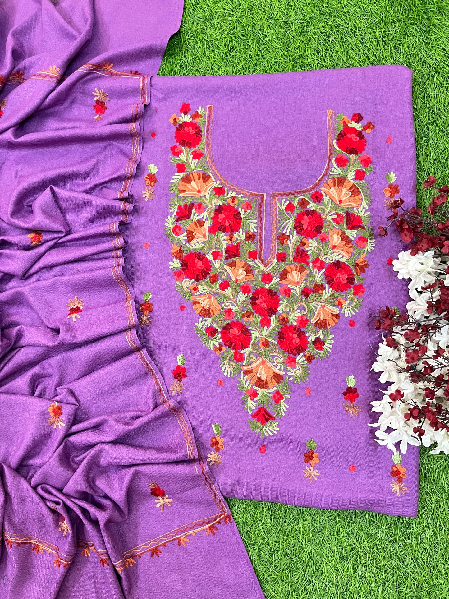 Lavender Woollen Aari Embroidered 3pc suit