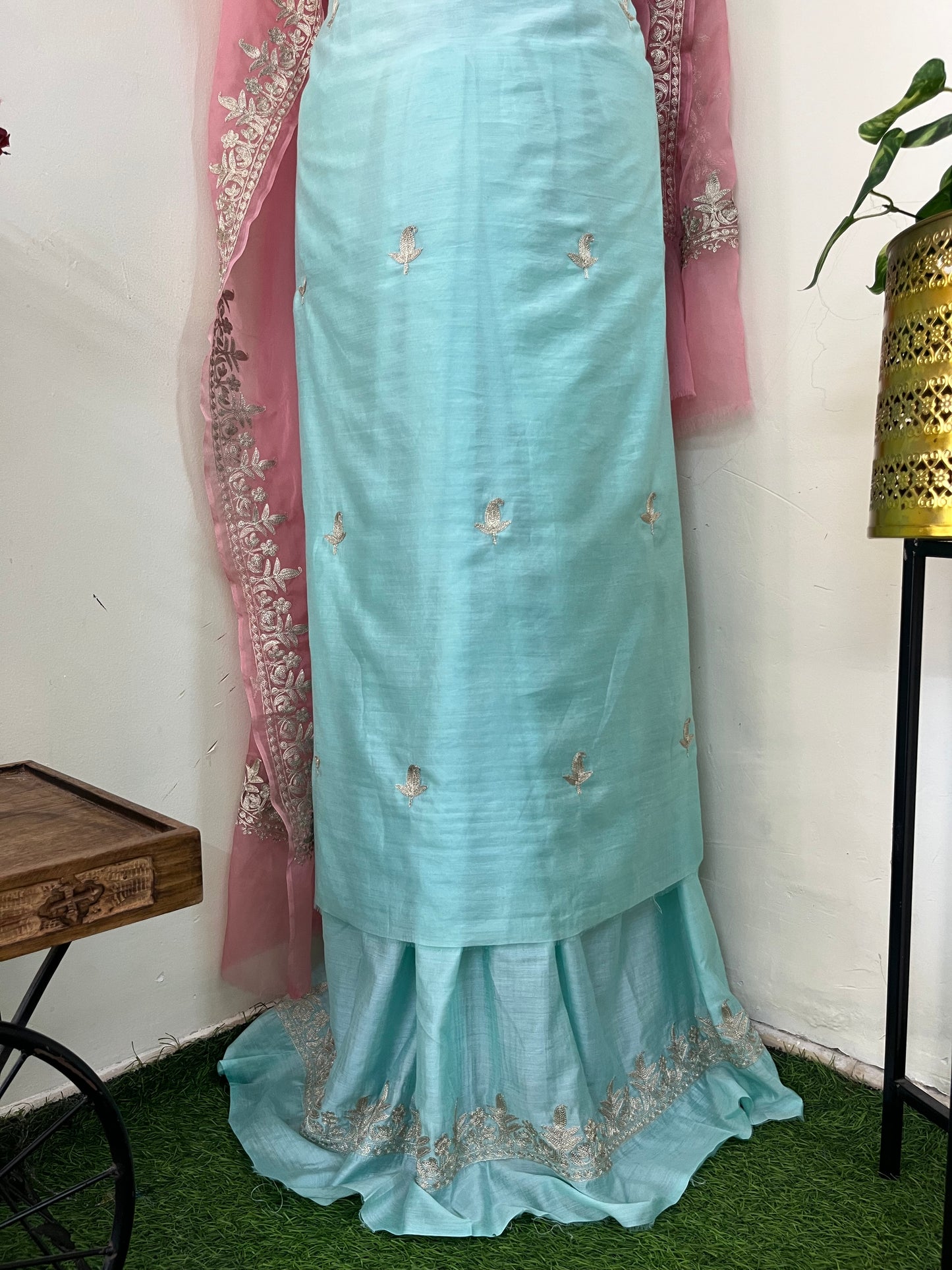Sky Blue Chanderi Silk Kashmiri Suit