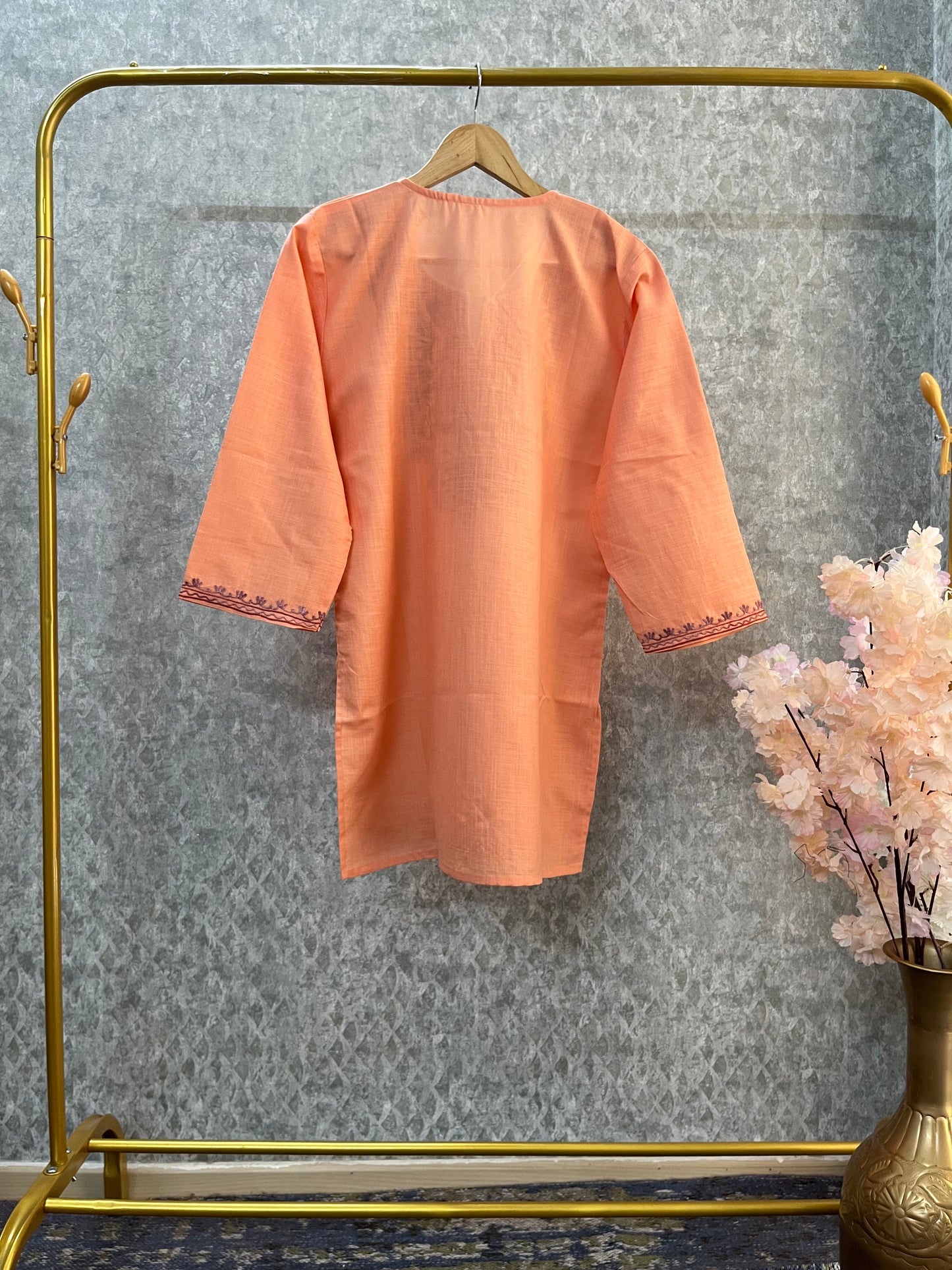 Peach Cotton Aari Work Kurta