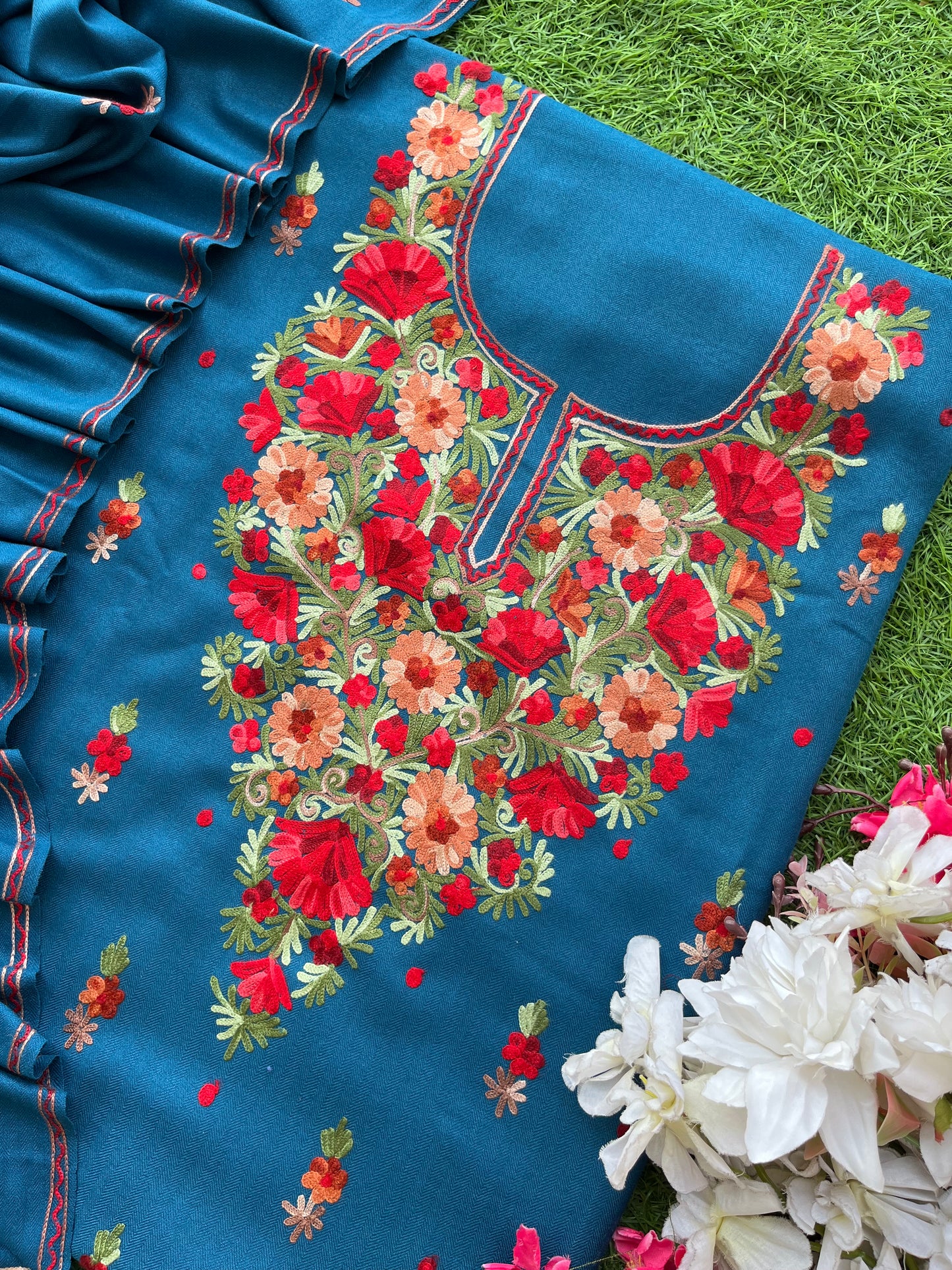 Peacock Blue Woollen Aari Embroidered 3pc suit
